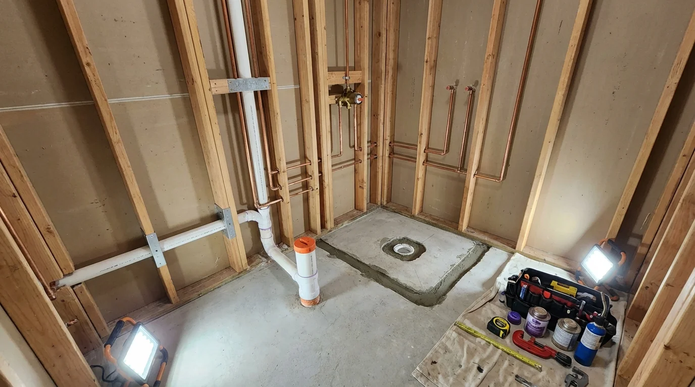 Bathroom rough-in plumbing during remodel by Johns Plumbing LLC in Churubusco
