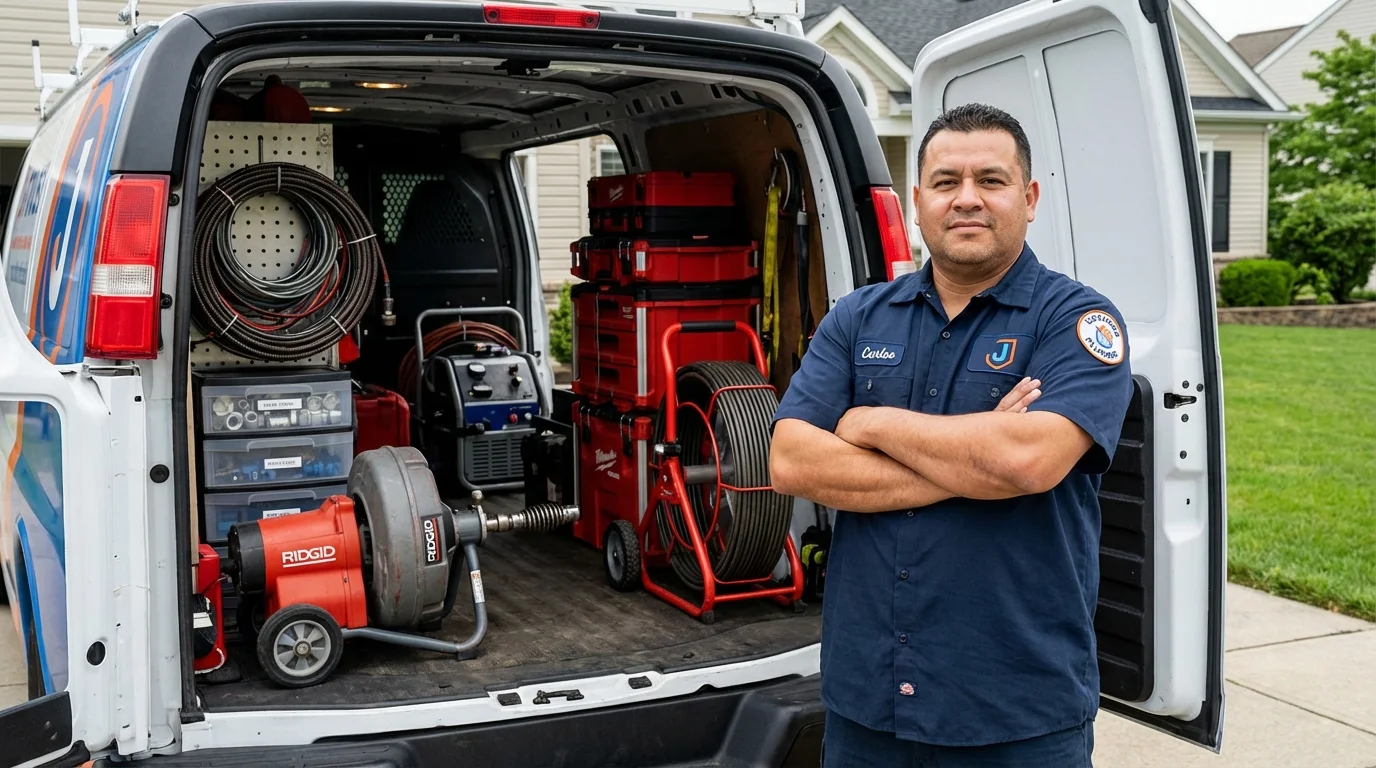 Professional drain cleaning equipment and Johns Plumbing LLC plumber in Churubusco