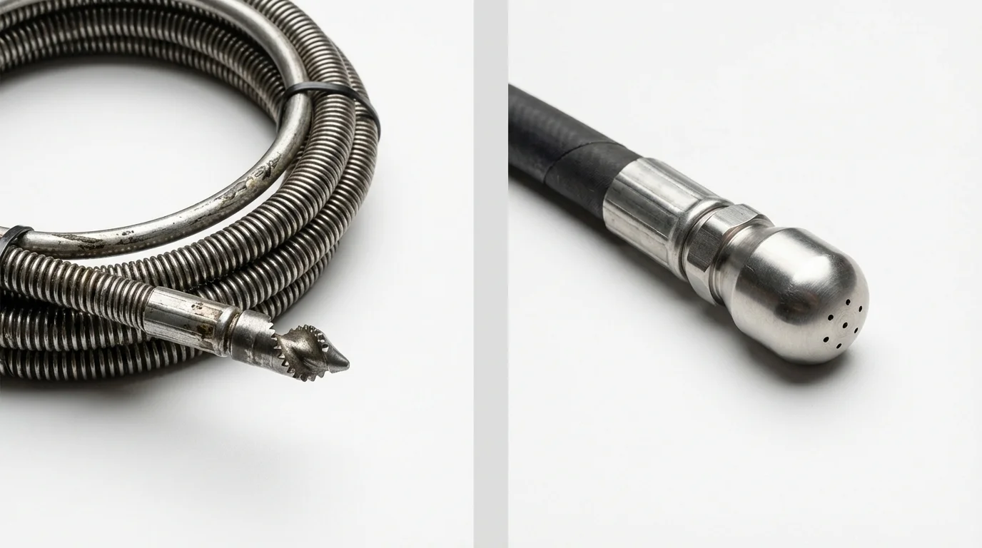 Drain snake cable and hydro jetting nozzle used for drain cleaning in Churubusco, IN