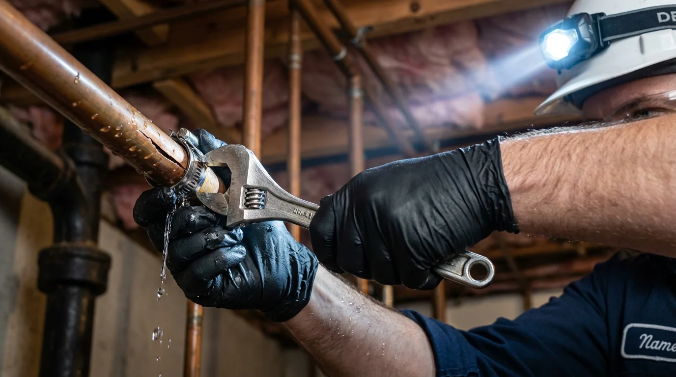 Emergency pipe clamp repair being performed by a Johns Plumbing LLC plumber in Churubusco