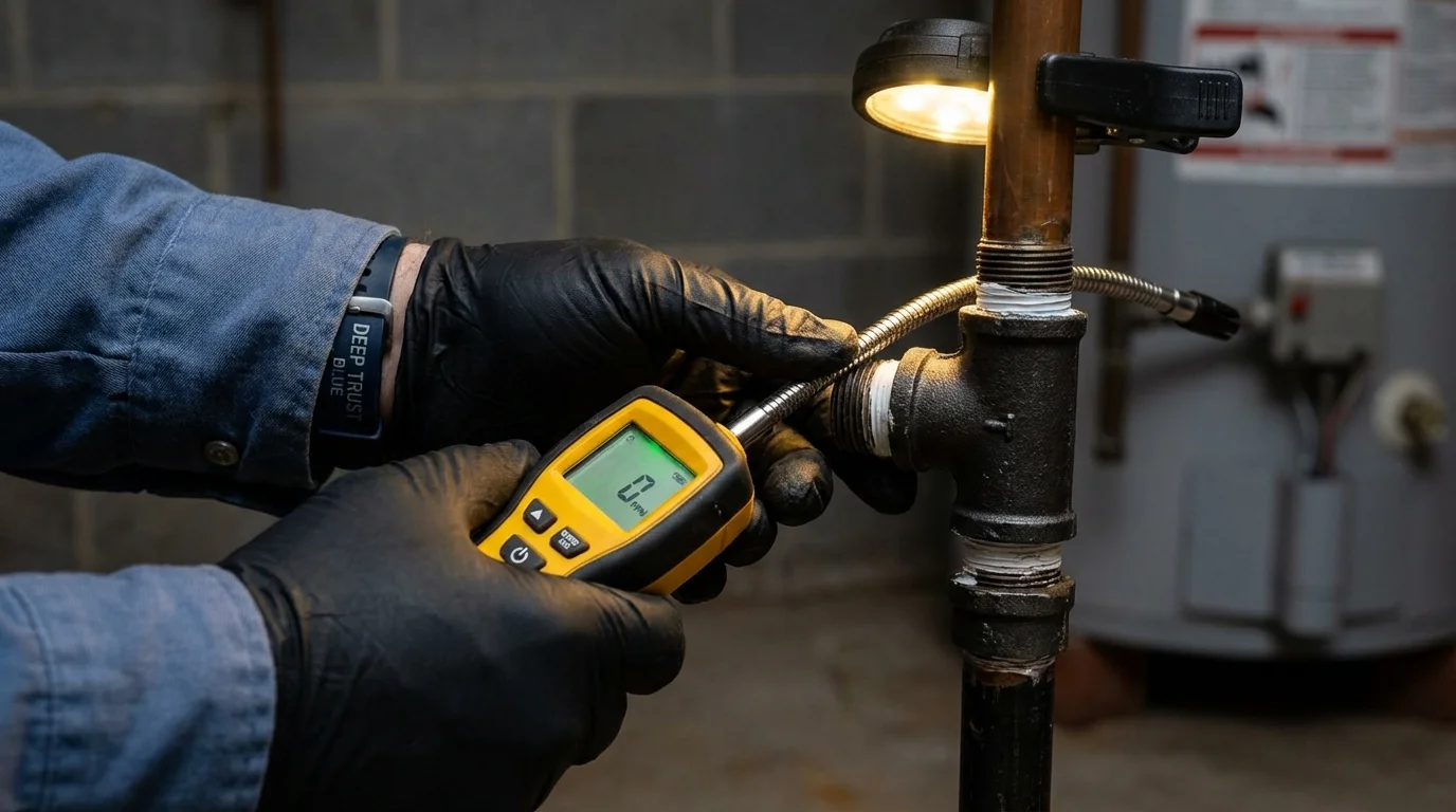 Gas leak detection with electronic sniffer by Johns Plumbing LLC in Churubusco