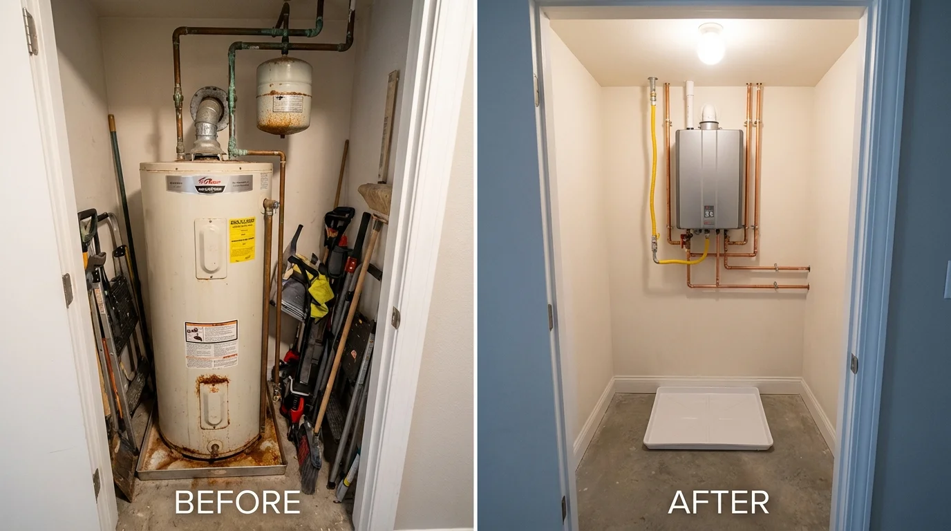 Tank water heater versus wall-mounted tankless unit comparison for Churubusco, IN homeowners