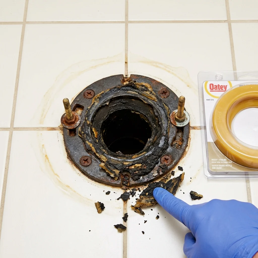 Failed wax ring showing water seepage at the base of a toilet in a Churubusco, IN home