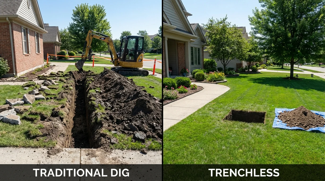 Trenchless sewer repair with minimal yard damage versus traditional excavation in Churubusco, IN