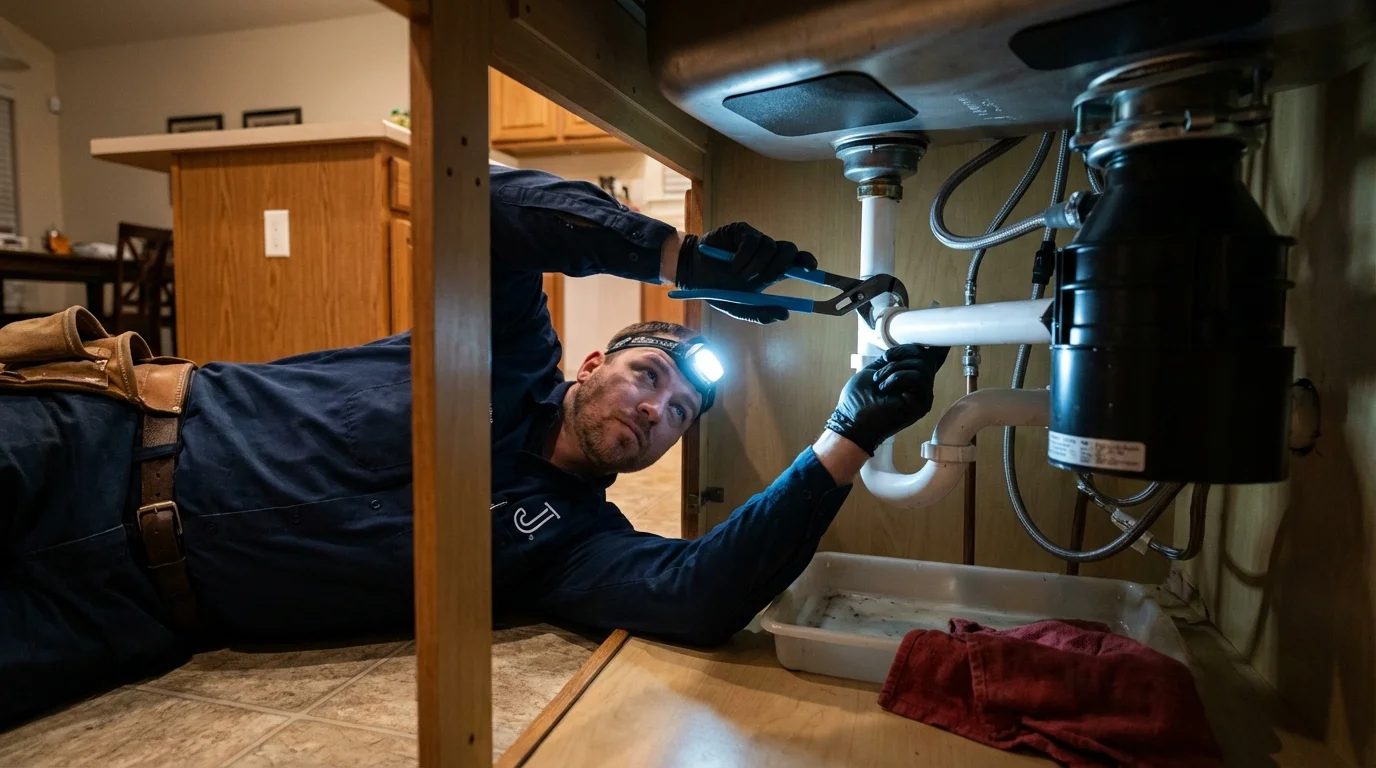 P-trap and supply line connections under a kitchen sink showing a common leak point in Churubusco, IN